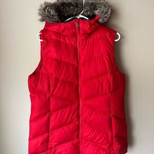 Eddie Bauer Women’s Red Puffer Vest with Faux Fur Hood